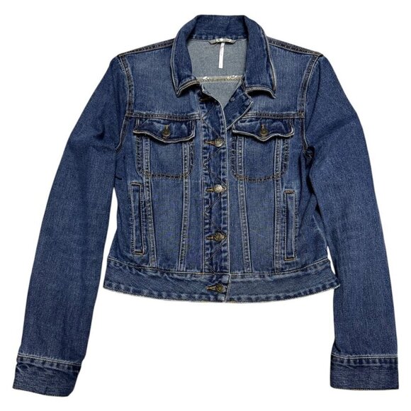 FREE PEOPLE Luxury Designer Blue Denim Jean Jacket Womens Small - Picture 1 of 5